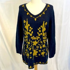 Soft Surroundings Navy Sweater with Gold floral embroidery- large